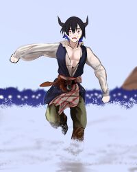 1boy absurdres beach belt black_hair black_vest brown_belt cosplay demon_horns fleeing highres hololive hololive_english horns jack_sparrow jack_sparrow_(cosplay) jailbird_(nerissa_ravencroft) koizumi_arata malphis_ravencroft_ii multicolored_hair parody partially_submerged pectoral_cleavage pectorals pirate pirates_of_the_caribbean red_eyes shirt sweat vest virtual_youtuber water white_shirt