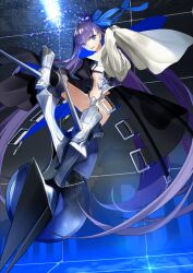 1girl absurdly_long_hair armored_boots black_jacket black_skirt black_thighhighs blue_eyes blue_jacket blue_ribbon blue_skirt boots breasts chain cropped_jacket crotch_plate dynamic_pose fate/grand_order fate_(series) floating_hair full_body grey_boots grid hair_between_eyes hair_ribbon hand_up high_collar jacket juliet_sleeves knee_spikes knee_up long_hair long_sleeves looking_at_viewer medium_skirt meltryllis_(fate) multicolored_jacket navel official_art parted_lips platform_boots puffy_sleeves purple_hair ribbon showgirl_skirt skirt sleeves_past_fingers sleeves_past_wrists smile solo spikes thighhighs third-party_source two-sided_fabric two-sided_jacket two-sided_skirt variant_set very_long_hair wada_arco white_jacket