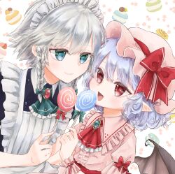 2girls alternate_hairstyle bat_wings blue_hair blush commentary_request highres izayoi_sakuya maru_usagi multiple_girls non-web_source pointy_ears red_eyes remilia_scarlet short_sleeves simple_background smile solo touhou white_background wings