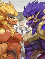 3boys absurdres apollomon apollomon_whispered digimon digimon_(creature) furry furry_male highres lion_boy multiple_boys muscular muscular_male