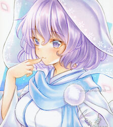 1girl alternate_costume blue_scarf blush closed_mouth hashtag-only_commentary letty_whiterock letty_whiterock_(white_snow_glistening_in_winter) looking_at_viewer nekofish666 pom_pom_(clothes) purple_eyes purple_hair scarf short_hair smile snowflakes solo touhou twitter_username upper_body