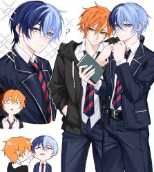 Rule 34 | 2boys, ?, absurdres, aoyagi touya, black hoodie, black jacket, black necktie, black pants, blonde hair, blue eyes, blue hair, closed eyes, earrings, green eyes, hair between eyes, highres, hood, hooded jacket, hoodie, jacket, jewelry, koushuiba, male focus, mole, mole under eye, multicolored hair, multiple boys, multiple views, necktie, open mouth, orange hair, pants, project sekai, school uniform, shinonome akito, shirt, streaked hair, striped necktie, two-tone hair, white shirt