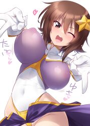 1girl bouncing_breasts breasts brown_eyes brown_hair capelet cosplay double_v feet_out_of_frame girls_und_panzer gundam gundam_seed gundam_seed_destiny gyaru_v hair_ornament highleg highleg_leotard highres kuzuryuu_kennosuke large_breasts leotard meer_campbell meer_campbell_(cosplay) multicolored_leotard nishizumi_maho one_eye_closed open_mouth purple_skirt round_teeth shoes simple_background skirt solo star_(symbol) star_hair_ornament teeth unworn_shoes upper_teeth_only v white_background white_capelet white_shoes