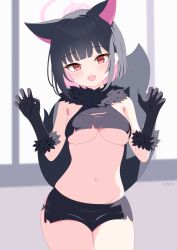 1girl absurdres animal_ears arms_up baozi_9527 bilibili_username black_claws black_gloves black_hair black_skirt blue_archive blunt_bangs blurry blurry_background breast_curtains breasts cat_ears cat_girl cat_tail chinese_commentary claw_pose colored_inner_hair commentary_request cowboy_shot elbow_gloves fang fur-trimmed_gloves fur_trim gloves halo highres kazusa_(blue_archive) kazusa_(halloween)_(blue_archive) looking_at_viewer medium_breasts miniskirt multicolored_hair navel official_alternate_costume open_mouth pink_hair pink_halo red_eyes skin_fang skirt smile solo stomach tail thighs torn_clothes torn_skirt two-tone_hair underboob