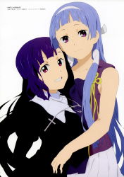 00s 2girls absurdres blue_hair blunt_bangs charamel cross grin hair_tubes hairband highres kadowaki_satoshi kannagi long_hair multiple_girls nagi official_art purple_eyes purple_hair scan siblings sisters smile zange