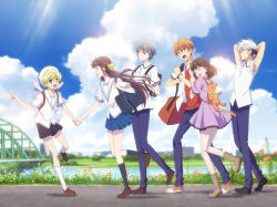 2girls 4boys ^_^ animal_bag arm_hug bag black_socks blouse boots closed_eyes collared_shirt day earrings fruits_basket holding_hands honda_tooru jewelry kneehighs multiple_boys multiple_girls official_art open_clothes open_shirt orange_shirt orange_shoes outdoors rabbit_bag school_uniform serafuku shirt shoes shoulder_bag socks sohma_hatsuharu sohma_kagura sohma_kyou sohma_momiji sohma_yuki stud_earrings tattoo white_legwear white_shirt