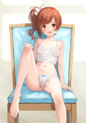 1girl :d arm_support bare_arms barefoot blush bow breasts brown_eyes brown_hair ca_paria cameltoe camisole chair collarbone feet hair_bow highres idolmaster idolmaster_cinderella_girls igarashi_kyoko long_hair looking_at_viewer navel nipples open_mouth panties ponytail see-through_camisole see-through_clothes sidelocks sitting small_breasts smile solo toes underwear white_camisole white_panties