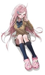 1girl absurdres ahoge black_socks bow bowtie brown_shirt collar crocs glasses green_bow green_bowtie grey_eyes hair_ornament highres kneehighs long_hair looking_at_viewer original pink_hair pink_shoes plaid_bow plaid_bowtie plaid_clothes plaid_skirt ryugisa shirt shoes simple_background sitting sketch skirt socks solo tongue tongue_out white_background white_bow white_bowtie white_collar white_skirt