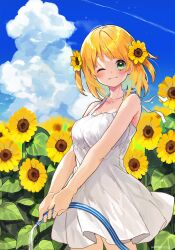 1girl bare_arms blonde_hair blue_sky breasts closed_mouth cloud collarbone commentary contrail cowboy_shot dress field flower flower_field green_eyes hair_flower hair_ornament highres holding holding_hose hose kuroda_(kuro_yyy) leaf looking_at_viewer makoto_(kuroda_(kuro_yyy)) medium_breasts medium_hair one_eye_closed original outdoors sky sleeveless sleeveless_dress smile solo standing sundress sunflower sunflower_field sunflower_hair_ornament water white_dress