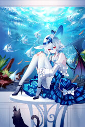 Rule 34 | 1girl, artist name, bare shoulders, black cat, black shoes, blue dress, blue flower, blue rose, bow, cat, dress, fish, flower, frilled sleeves, frills, hat, high heels, highres, knees up, long sleeves, looking at viewer, nail polish, original, pantyhose, pointy ears, red eyes, red nails, rose, sheya, shoes, signature, sitting, solo, white bow, white hair, white hat, white pantyhose