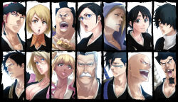 5girls 6+boys :d :o :p abarai_renji absurdres akon atau_rindou bald black_hair black_headband bleach bleach:_epilogue blonde_hair blue_eyes breasts cleavage close-up closed_mouth collarbone commentary dark-skinned_female dark_skin earrings expressionless eyebrows_hidden_by_hair eyelashes facial_hair facial_tattoo forehead_tattoo glasses gradient_hair grey_hair gyaru hair_between_eyes hair_over_one_eye hair_over_shoulder headband highres hinamori_momo hisagi_shuuhei hoop_earrings horns ise_nanao jewelry katana kira_izuru kotetsu_kiyone kotsubaki_sentarou large_breasts lips long_hair looking_afar looking_at_viewer lower_teeth_only madarame_ikkaku matsumoto_rangiku mitarashi_(5333069) mole mole_under_mouth multicolored_hair multiple_boys multiple_girls mustache neck_tattoo necklace nose okikiba_genshiroo old old_man one_eye_covered oomaeda_marechiyo open_mouth parted_lips pink_hair ponytail red_hair short_hair siblings side_ponytail sidelocks simple_background sisters smile spiked_hair spoilers swept_bangs sword tan tareme tattoo teeth thick_eyebrows tongue tongue_out tsurime v-shaped_eyebrows weapon white_background wide-eyed yayahara_yuyu