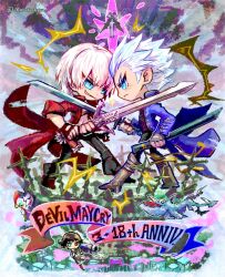 1girl 3boys anniversary artist_name blue_coat blue_eyes coat copyright_name dante_(devil_may_cry) deformed demon devil_may_cry devil_may_cry_(series) devil_may_cry_3 eputo_(murockyou) fingerless_gloves gloves green_eyes heterochromia holding holding_sword holding_weapon jester_(dmc3) kalina_ann_(weapon) lady_(devil_may_cry) multiple_boys rebellion_(sword) red_coat red_eyes sparda sword vergil_(devil_may_cry) weapon white_hair yamato_(sword)