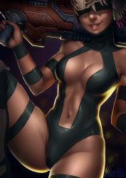 Rule 34 | 1girl, armband, backlighting, black leotard, black thighhighs, breasts, center opening, cleavage, covered eyes, dark-skinned female, dark skin, facing viewer, feathers, female focus, gun over shoulder, highres, huge weapon, hunter (quake), leotard, lips, medium breasts, navel, nose, purple background, purrmia, quake (series), quake 1, quake 3 arena, skull on head, smile, solo, thigh strap, thighhighs, thighs, toned, weapon, wristband