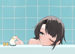 bathing bird duck duckling half-closed_eyes highres hololive non-web_source oozora_subaru pet_play rubber_duck saloten_(artist) short_hair sl10_d sleepy tile_wall tiles virtual_youtuber