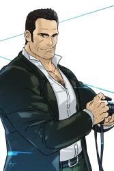 1boy adam&#039;s_apple bara beard_stubble camera chest_hair_peek cowboy_shot dead_rising eric_huang facial_hair formal_clothes frank_west hand_hair highres holding holding_camera looking_at_viewer male_focus mature_male muscular muscular_male partially_unbuttoned pectoral_cleavage pectorals receding_hairline shirt_tucked_in short_hair smile solo standing stubble suit thick_chest_hair wrinkled_skin