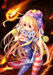 1girl american_flag_dress american_flag_legwear blonde_hair blurry clownpiece contrapposto depth_of_field dress empty_eyes eyebrows eyelashes female_focus fire hair_between_eyes hands_up hat highres holding jester_cap long_hair looking_at_viewer meteor neck_ruff no_wings pants pantyhose parted_lips plasma polka_dot polka_dot_headwear pom_pom_(clothes) pulling red_eyes rock short_dress short_sleeves solo standing star_(symbol) star_print striped touhou z.o.b