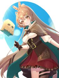 Rule 34 | 1girl, ahoge, belt, blue sky, brown capelet, brown cloak, brown corset, brown eyes, brown hair, capelet, cloak, commentary, corset, english commentary, feather hair ornament, feathers, friend (nanashi mumei), from below, gloves, grin, hair ornament, hand up, hieroglyphics, highres, hololive, hololive english, leaning forward, light rays, long hair, looking at viewer, multicolored hair, nanashi mumei, nanashi mumei (1st costume), partially fingerless gloves, ponytail, red skirt, ribbon, runes, single thighhigh, skirt, sky, smile, streaked hair, sun, svnnydraw, thighhighs, very long hair, virtual youtuber