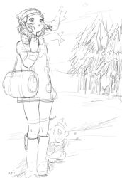 1girl :d adjusting_scarf akiyasumi alternate_hair_length alternate_hairstyle artist_name bag beanie bird boots clothed_pokemon coat creatures_(company) dawn_(pokemon) duffel_bag enpera floating_clothes floating_scarf footprints game_freak gen_2_pokemon gen_4_pokemon hair_ornament hat long_sleeves monochrome nintendo open_mouth over-kneehighs pig piloswine pine_tree piplup pokemon pokemon_(creature) pokemon_dppt pokemon_platinum scarf short_hair simple_background smile snow_boots solo standing thighhighs tree white_background