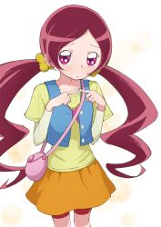 1girl aizawa_zawapo alternate_costume bag bike_shorts bike_shorts_under_skirt blue_vest blush bow casual collarbone commentary cowboy_shot flower furrowed_brow green_sleeves hair_flower hair_ornament hair_scrunchie hanasaki_tsubomi hands_up heartcatch_precure! highres index_fingers_together layered_sleeves long_hair long_sleeves looking_at_viewer low_twintails miniskirt official_style orange_skirt parted_bangs parted_lips pink_bag pink_bow pink_eyes pink_hair precure red_shorts scrunchie shirt short_sleeves shorts shoulder_bag skirt solo standing twintails umakoshi_yoshihiko_(style) very_long_hair vest white_background yellow_scrunchie yellow_shirt