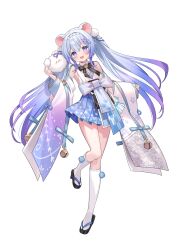 1girl :3 absurdres animal_ears asymmetrical_sleeves bell black_shoes blue_bow blue_hair blue_skirt bow braid creature cyamumaru detached_sleeves full_body gradient_hair hair_bow hair_ornament highres jingle_bell leg_up looking_at_viewer mismatched_sleeves mouse_ears multicolored_hair nextopia official_art paw_print pink_bow pleated_skirt pom_pom_(clothes) pom_pom_hair_ornament purple_bow purple_eyes purple_hair saiki_komari shirt shoes simple_background skirt sleevelss_shirt socks solo standing standing_on_one_leg tachi-e tongue transparent_background twintails virtual_youtuber white_shirt white_socks wide_sleeves
