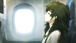 1girl airplane_interior asymmetrical_footwear blunt_bangs closed_eyes clothing_request collar collarbone crocs dress flat_chest from_side game_cg green_collar green_dress green_hair green_trim grey_jacket highres hiyajou_maho huke indoors jacket jacket_over_dress long_hair long_sleeves messy_hair mismatched_footwear non-web_source official_art parted_lips pink_sandals ringed_eyes sandals shirt sitting solo steins;gate steins;gate_0 teeth thick_eyebrows very_long_hair