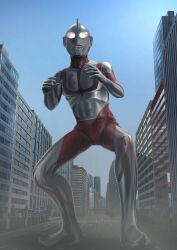 1boy abs alien blue_sky building city cityscape collarbone colored_skin commentary compound_eyes crosswalk day dorsal_fin dust_cloud fighting_stance full_body gattyo giant glowing glowing_eyes hands_up highres lamppost legs_apart looking_ahead male_focus multicolored_skin outdoors pectorals red_skin road road_sign shin_ultraman sign silver_skin sky skyscraper solo standing street tokusatsu toned toned_male tree two-tone_skin ultra_series ultraman ultraman_(shin) white_eyes wrinkled_skin