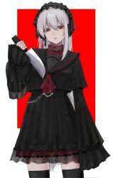 1girl belt black_belt black_hairband black_ribbon black_sailor_collar black_shirt black_skirt black_thighhighs border chain chain_earrings closed_mouth collared_shirt commentary_request corrupted_twitter_file crop_top earrings expressionless frilled_sailor_collar frilled_sleeves frills gothic_lolita grey_hair hairband highres holding holding_knife jewelry knife lolita_fashion lolita_hairband long_hair looking_at_viewer mttskkbimkhrkn neckerchief red_background red_eyes red_neckerchief ribbon sailor_collar shirt single_earring skirt sleeves_past_fingers sleeves_past_wrists solo sukone_tei thighhighs utau white_border