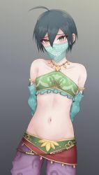 Rule 34 | 1boy, 7cs (congchuabuoito), ahoge, arms behind back, belt, black hair, blush, brown eyes, collarbone, cosplay, crop top, danganronpa (series), danganronpa v3: killing harmony, detached sleeves, gerudo set (zelda), gradient background, grey background, groin, hair between eyes, highres, jewelry, link, link (cosplay), male focus, mouth veil, navel, necklace, pants, purple pants, saihara shuichi, short hair, solo, stomach, trap, veil