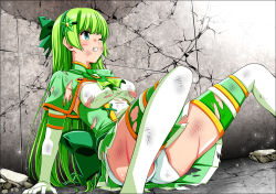 1girl absurdres against_wall ascot back_bow battle_damage beaten blush bow breasts brooch bruise bruise_on_face bruise_on_leg capelet choppy_bangs clenched_teeth clover clover_leaf crater cuts debris defeat destruction detached_sleeves dirty dirty_clothes dress elbow_gloves eyebrows_hidden_by_hair feet_out_of_frame flower four-leaf_clover gloves green_ascot green_bow green_capelet green_dress green_eyes green_hair green_hairband green_skirt hair_bow hair_flower hair_ornament hairband hasumi_ren_(clover_rose) highres injury jewelry knees_up koeda0111 lace large_bow leaning_back long_hair magical_girl medium_breasts miniskirt multicolored_dress multicolored_skirt narrow_waist on_ground original pain panties pantyshot peril pleated_skirt ryona scratches short_dress sidelocks sitting skirt sleeveless sleeveless_dress solo spread_legs strapless strapless_dress teeth thighhighs thighs title torn torn_bow torn_clothes torn_dress torn_skirt torn_thighhighs tube_dress underwear violence wince yotsuba_no_senki_clover_rose zettai_ryouiki