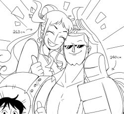 1girl 2boys ^_^ buzz_cut cesel closed_eyes commentary english_commentary franky_(one_piece) greyscale hair_ornament hat horns looking_at_viewer monkey_d._luffy monochrome multiple_boys one_piece ponytail short_hair sideburns sidelocks straw_hat sunglasses thumbs_up v-shaped_eyebrows very_short_hair yamato_(one_piece)