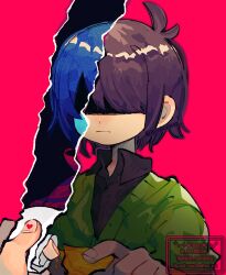 1other blue_hair blue_skin brown_hair colored_skin deltarune dual_persona green_sweater kris_(deltarune) other_focus red_background red_scarf repikinoko scarf short_hair simple_background solo sweater watermark yellow_stripes