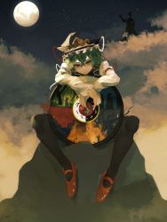 1girl arm_strap black_legwear blouse blue_hat brown_shoes buddhism circle closed_mouth commentary crossed_wrists english_commentary enma_(mythology) fire forest frilled_hat frills full_body full_moon green_eyes green_hair hat hat_ribbon highres hinduism hitodama holding long_sleeves looking_at_viewer mary_janes moon nature naufaldreamer night night_sky on_rock red_ribbon ribbon rock shiki_eiki shirt shoes short_hair sitting sky solo spread_legs star_(sky) starry_sky touhou white_ribbon white_shirt witch_hat