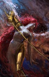 Rule 34 | 1girl, absurdly long hair, absurdres, artist name, blue butterfly, breasts, bug, butterfly, closed mouth, commentary, elden ring, english commentary, highres, holding, holding sword, holding weapon, insect, javi martinez, long hair, malenia blade of miquella, malenia goddess of rot, medium breasts, navel, nude, prosthesis, prosthetic arm, prosthetic leg, red hair, scar, solo, sword, very long hair, wavy hair, weapon