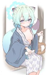 Rule 34 | 1girl, absurdres, animal ear fluff, animal ears, bath yukata, blue archive, blue halo, blue haori, blush, border, bottle, breasts, breasts apart, closed mouth, collarbone, dual wielding, feet out of frame, green hair, halo, hand up, haori, highres, holding, holding bottle, indoors, japanese clothes, kazuki-p555, kimono, light smile, long sleeves, looking at viewer, low twintails, medium breasts, medium hair, no bra, official alternate costume, official alternate hairstyle, purple hair, shigure (blue archive), shigure (hot spring) (blue archive), short twintails, sitting, solo, split mouth, tail, tail raised, twintails, weasel ears, weasel girl, weasel tail, white border, white kimono, wide sleeves, yagasuri, yukata