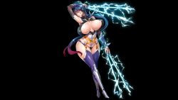Rule 34 | 1girl, action taimanin, boots, clothes lift, curvy, electricity, fei (maidoll), high ponytail, highleg, highleg leotard, holding, holding weapon, leotard, lilith-soft, long hair, looking at viewer, non-web source, ponytail, purple boots, revealing clothes, shiny skin, shirt lift, solo, source request, taimanin (series), taimanin rpgx, thong leotard, uehara rin, very long hair, weapon, wide hips