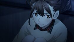 1girl angry brown_eyes brown_hair cardigan dim_lighting facing_down frown fukuda_tomonori game_cg green_shirt hair_between_eyes high_ponytail highres hugging_own_legs looking_at_viewer non-web_source official_art plaid_clothes plaid_shirt ponytail red_shirt robotics;notes senomiya_akiho shirt sitting solo v-shaped_eyebrows winter_clothes yellow_cardigan