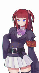 Rule 34 | 1girl, armband, bakara (19083210), belt, belt buckle, black belt, blue eyes, blunt bangs, bow, bowtie, buckle, buttons, chromatic aberration, collared shirt, colored eyelashes, commentary request, double-breasted, film grain, hair bobbles, hair ornament, higanbana no saku yoru ni, highres, juliet sleeves, lace-trimmed jacket, lapels, long hair, long sleeves, miniskirt, notched lapels, pleated skirt, puffy sleeves, purple bow, purple bowtie, red armband, red hair, shirt, simple background, skirt, sleeves past fingers, sleeves past wrists, solo, thighhighs, tsurime, two side up, ushiromiya ange, white background, white shirt, white skirt, zettai ryouiki