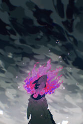 absurdres closed_mouth cloud cloudy_sky creatures_(company) dark_clouds dim_lighting embers fire game_freak highres hisuian_typhlosion looking_up nintendo no_humans outdoors pink_fire pokemon pokemon_(creature) pokemon_focus purple_fire sky solo standing will-o&#039;-the-wisp_(mythology) wulie_errr