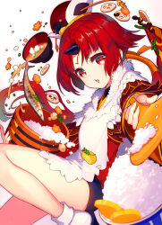 1girl apron beni-enma beni-enma_(first_ascension) bird_hat bowl commentary_request fate/grand_order fate_(series) fish_(food) food foot_out_of_frame grilled_fish holding holding_spoon kappougi long_hair looking_at_viewer lotus_root miso_soup ohitsu omelet open_mouth patori ponytail red_eyes red_hair rice shamoji sidelocks simple_background socks solo spoon tamagoyaki white_apron white_background white_socks wide_sleeves wooden_spoon