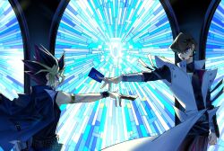 2boys belt black_hair black_shirt blonde_hair blue_eyes blue_jacket brown_hair card coat cowboy_shot duel_disk highres holding holding_card jacket jacket_on_shoulders limo61715942 looking_at_another male_focus medium_hair multicolored_hair multiple_boys profile purple_eyes purple_hair shirt sleeveless sleeveless_shirt spiked_hair trading_card white_coat yami_yugi yu-gi-oh! yu-gi-oh!_the_dark_side_of_dimensions