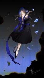 1girl absurdres artist_name black_dress black_shoes blue_background blue_eyes blue_hat bonnet breasts bug dated dress full_body gloves grey_gloves grey_hair hand_up hat high_heels highres insect long_dress looking_at_viewer medium_breasts moth moth_on_hand ms._grace_(reverse:1999) oroolcicely reverse:1999 see-through_cleavage see-through_clothes shoes signature sleeveless sleeveless_dress solo