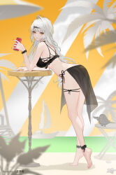 1girl alternate_costume anklet artist_name bare_legs bare_shoulders barefoot bikini bird black_bikini black_bird black_sarong bracelet breasts can closed_mouth commentary drink_can feet from_side full_body hair_ornament hashtag-only_commentary highres holding holding_can jewelry large_breasts leaning_forward leaning_on_table legs long_hair looking_at_viewer looking_to_the_side paid_reward_available sarong side-tie_bikini_bottom single_hair_intake smile solo swimsuit thigh_strap thighs tiptoes toes very_long_hair white_hair yellow_eyes yixuan_(zenless_zone_zero) yunkaiming zenless_zone_zero
