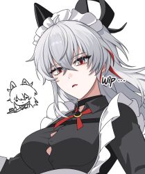 1girl aete alternate_costume black_dress black_eyes black_horns breasts button_gap collared_dress commentary curled_horns dress enmaided grey_hair highres horns large_breasts long_hair looking_at_viewer maid multicolored_eyes multicolored_hair parted_lips red_eyes simple_background solo streaked_hair two-tone_eyes unfinished white_background wuthering_waves zani_(wuthering_waves)