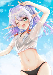 1girl absurdres ahoge bikini black_bikini blue_sky braid breasts cloud emn fricka_(iris_mysteria!) green_eyes highres iris_mysteria! looking_at_viewer medium_breasts navel one_eye_closed open_mouth pointy_ears purple_hair see-through_clothes sky smile splatter swimsuit
