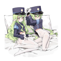 Rule 34 | 2girls, absurdres, armband, ass, blue archive, blue armband, blue hat, blue jacket, blush, bound, bound wrists, buttons, covered navel, cropped jacket, double-breasted, gloves, hair between eyes, hand on own thigh, hat, highres, hikari (blue archive), jacket, long hair, long sleeves, lying, mark jin, multiple girls, no halo, no panties, no pants, no shoes, nozomi (blue archive), on bed, on side, pantyhose, pillow, pointy ears, reclining, shako cap, siblings, sidelocks, sisters, sweatdrop, thighband pantyhose, twins, twintails, very long hair, wavy hair, white gloves, yellow eyes