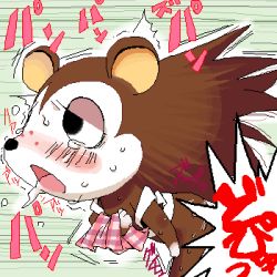 agemono aliasing apron black_eyes blush censored animal_crossing eyelashes lowres nintendo oekaki open_mouth porcupine sable_able_(animal_crossing) saliva sweat tears translation_request