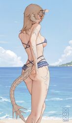 1girl absurdres arm_up ass au_ra back beach bikini bikini_skirt blonde_hair blue_bikini blush breasts commentary day dragon_girl dragon_horns dragon_tail english_commentary eyewear_on_head feet_out_of_frame halterneck highres horizon horns large_breasts lips looking_at_viewer looking_back medium_hair multi-strapped_bikini_bottom ocean original outdoors quilm scales shore shoulder_blades signature sky solo standing string_bikini swimsuit tail thighs thong_bikini warrior_of_light_(ff14) wet white_horns white_scales white_tail