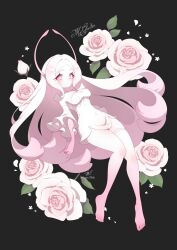 Rule 34 | 1girl, absurdres, barefoot, big hair, black background, breasts, choker, colored extremities, covered erect nipples, covered navel, detached sleeves, dress, flower, highres, kuroiro otento, legs, long hair, looking at viewer, medium breasts, original, personification, petals, pink choker, pink dress, pink eyes, pink flower, pink hair, pink rose, rose, rose petals, short dress, simple background, solo, strapless, strapless dress, thigh strap, tight clothes, wide sleeves