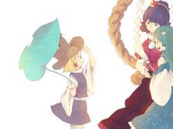 Rule 34 | 3girls, :d, blonde hair, blue skirt, blue vest, brown hat, commentary request, detached sleeves, frog hair ornament, green hair, hair bun, hair ornament, hair ribbon, hair tubes, hat, heasil, holding, holding leaf, kochiya sanae, leaf, leaf hair ornament, long hair, long sleeves, looking at another, mirror, moriya suwako, multiple girls, open mouth, profile, purple hair, red eyes, red ribbon, red shirt, red skirt, ribbon, rope, shide, shimenawa, shirt, simple background, skirt, smile, thighhighs, touhou, vest, white background, white shirt, white thighhighs, yasaka kanako, zettai ryouiki