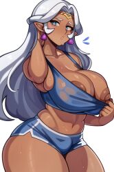 1girl blue_gemstone blue_shorts blue_sports_bra blush breasts clothes_pull curvy dark-skinned_female dark_areolae dark_nipples dark_skin earrings exhausted gem gold_tiara hair_rings highres jewelry large_breasts long_hair looking_at_viewer melonpuff midriff nipples parted_lips pointy_ears princess_allura pulling_own_clothes shorts simple_background solo sports_bra sports_bra_pull sportswear stomach sweat sweatdrop thick_thighs thighs tiara triangle_earrings voltron:_legendary_defender voltron_(series) white_background white_hair wide_hips